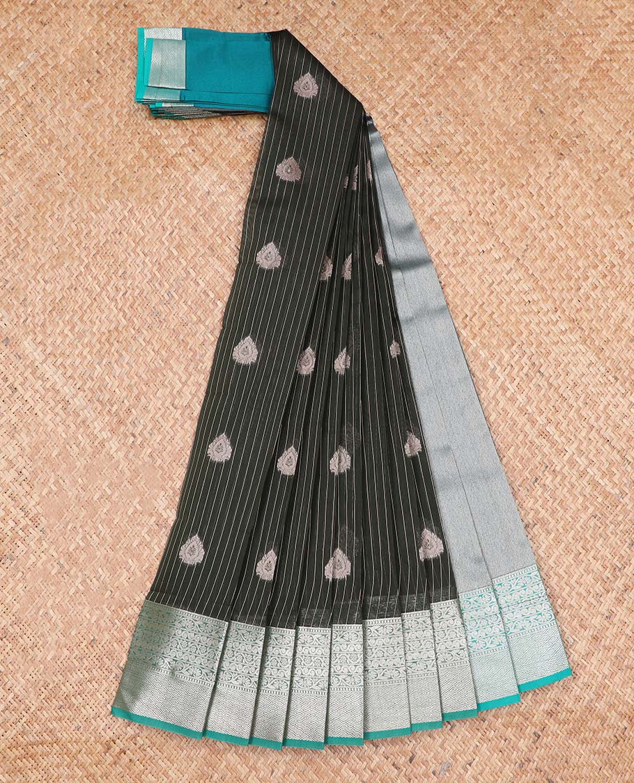 Black striped, floral motifs kora cotton saree with contrast zari design border & intricate zari design pallu