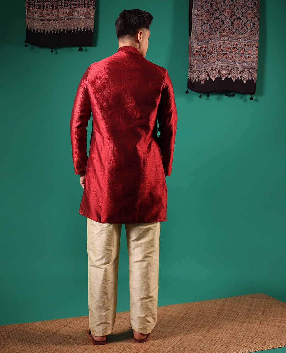 Red peacock eye style diamond patterns embossed full-sleeved men's kurta