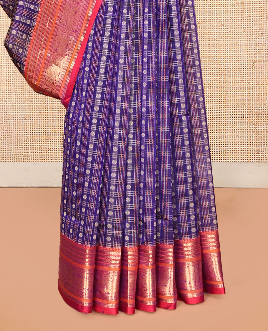 Purple Buttas Enclosed Checked Kuppadam Silk Saree, a Contrast Yazhi Border, Grand Pallu, a Matching Blouse