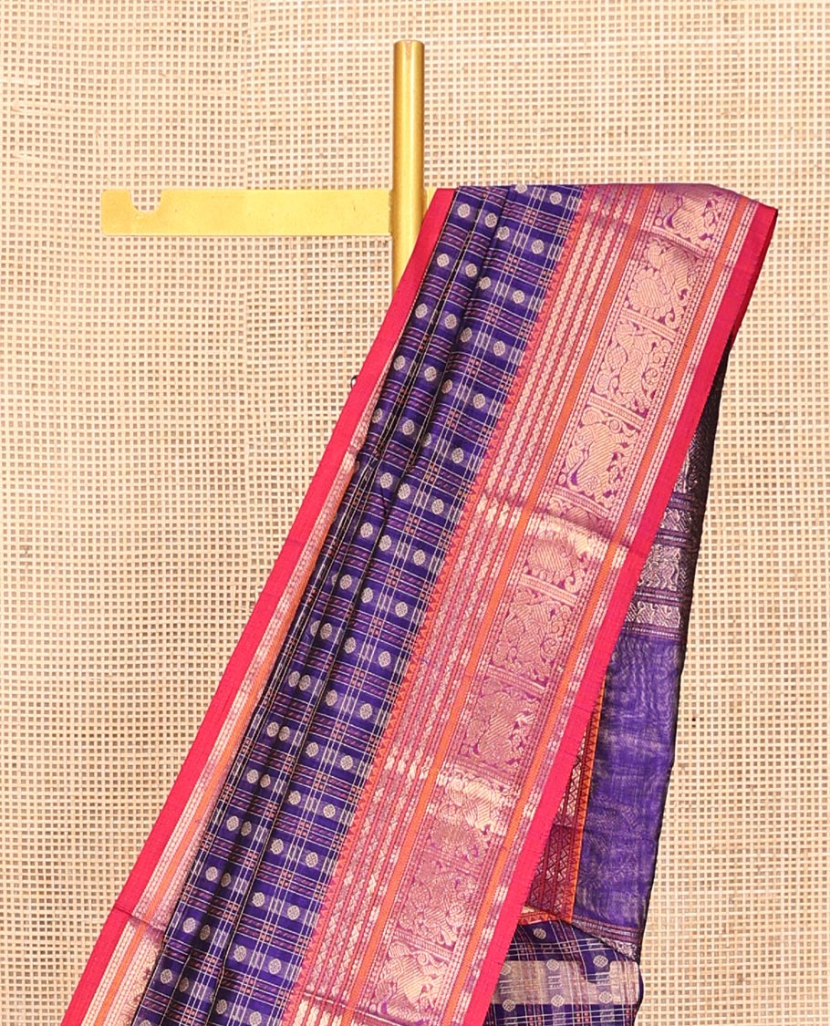 Purple Buttas Enclosed Checked Kuppadam Silk Saree, a Contrast Yazhi Border, Grand Pallu, a Matching Blouse