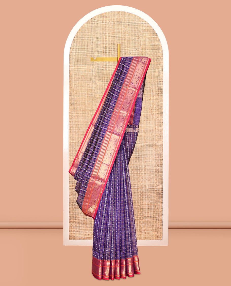 Purple Buttas Enclosed Checked Kuppadam Silk Saree, a Contrast Yazhi Border, Grand Pallu, a Matching Blouse