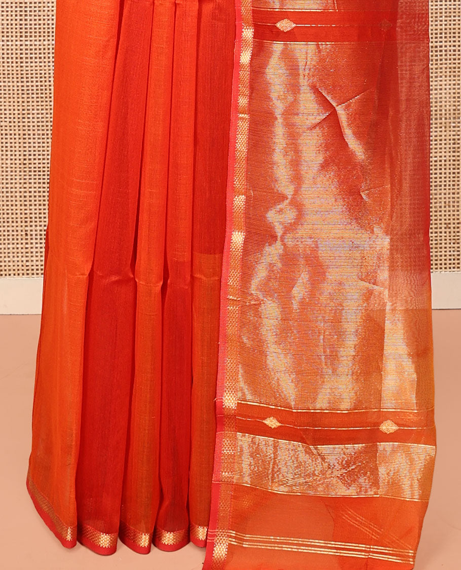 Orange Maheshwari Cotton Saree, Delicately Woven with Diamond Stripes on Its Body, Highlighted by Zari Border of Chevron Designs, Gleaming Pallu Steeped with Zari Stripes, and Paired with a Matching Blouse