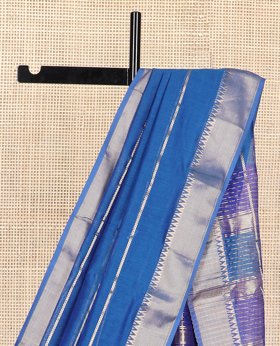 Blue stripedmaheshwari cotton saree with self floral zari design border & checked pallu
