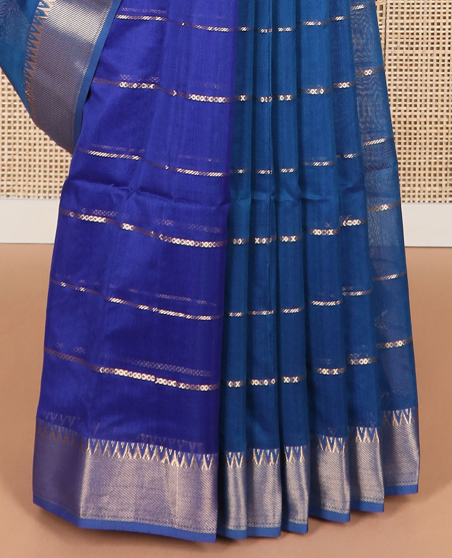 Blue stripedmaheshwari cotton saree with self floral zari design border & checked pallu