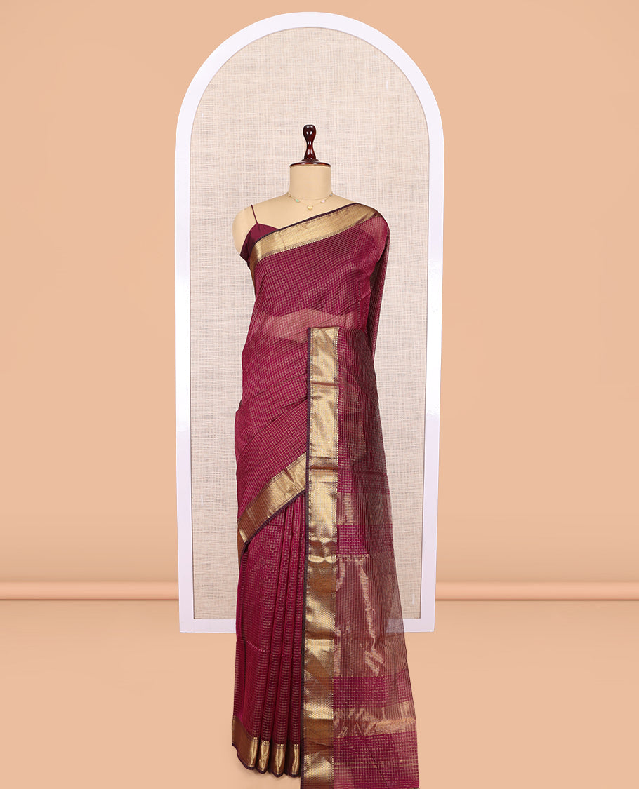 Wine Maheshwari Cotton Saree, Accentuated with Zari Checks, Highlighted by a Traditional Zari Border, Gleaming Zari Woven Pallu, and a Matching Blouse