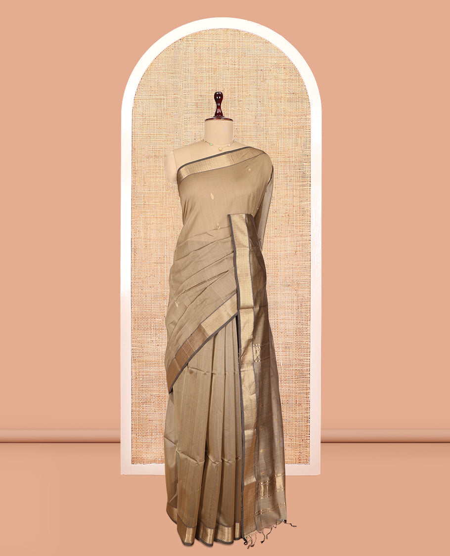 Brown Maheshwari Cotton Saree, Subtly Sparkled with Zari Buttas, a Contrast Chevron Striped Border, Zari Buttas Woven Pallu, and a Contrast Blouse