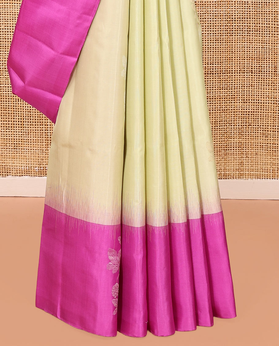 Pale Yellow Mayuri Soft Silk Saree, Finely Crafted with Floral Zari Buttas All Over Its Body, Complemented by Contrast Border of Floral Designs, Intricately Designed Pallu, and Paired with a Contrast Blouse