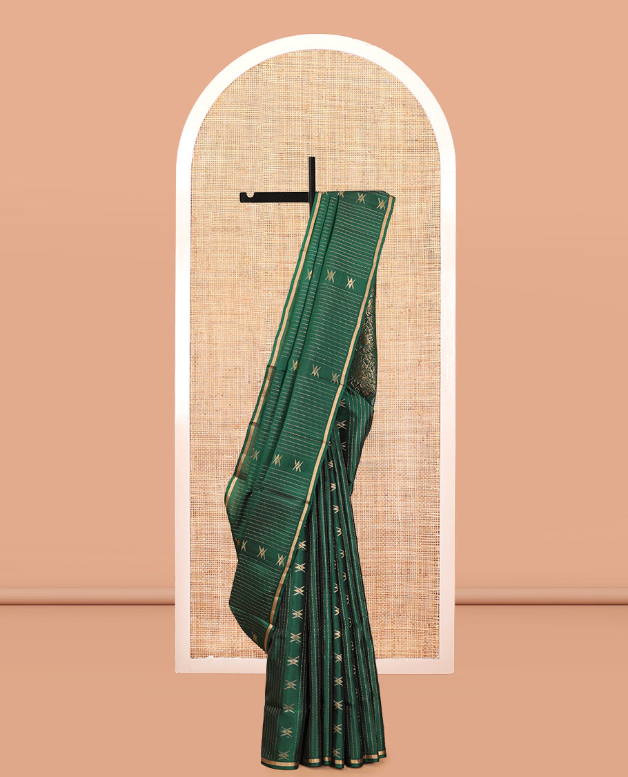 Green Mayuri Lite Silk Mix Saree, Accentuated with Floral Zari Buttas and Muthu Stripes, a Piping Border, a Grand Parrot Motif Pallu, and a Matching Blouse