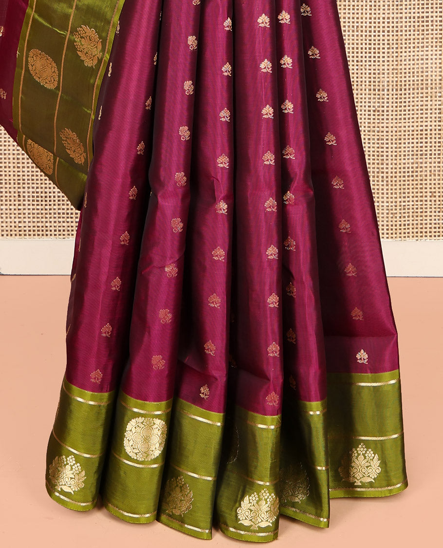 Maroon Mayuri Lite Silk Mix Saree, Adorned with Zari Buttas, Complemented by Contrast Zari Border, Grand Jaal Pallu, and a Contrast Blouse