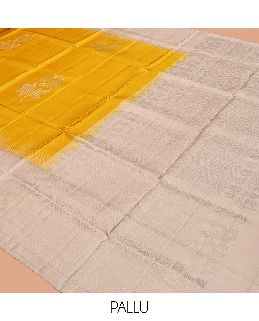 Yellow Mayuri Soft Silk Saree, Finely Crafted with Floral Buttas, Complemented by a Contrast Floral Border, Pallu of Geometric Design, and a Contrast Blouse