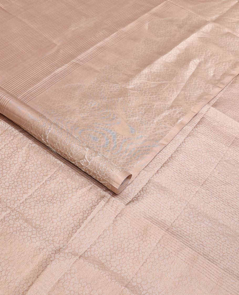 Light sandal striped and bird buttas woven soft silk saree, leaf textures sparsely zari woven border, and zari design pallu