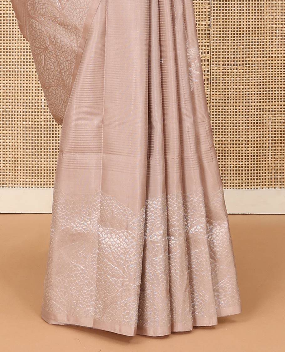 Light sandal striped and bird buttas woven soft silk saree, leaf textures sparsely zari woven border, and zari design pallu