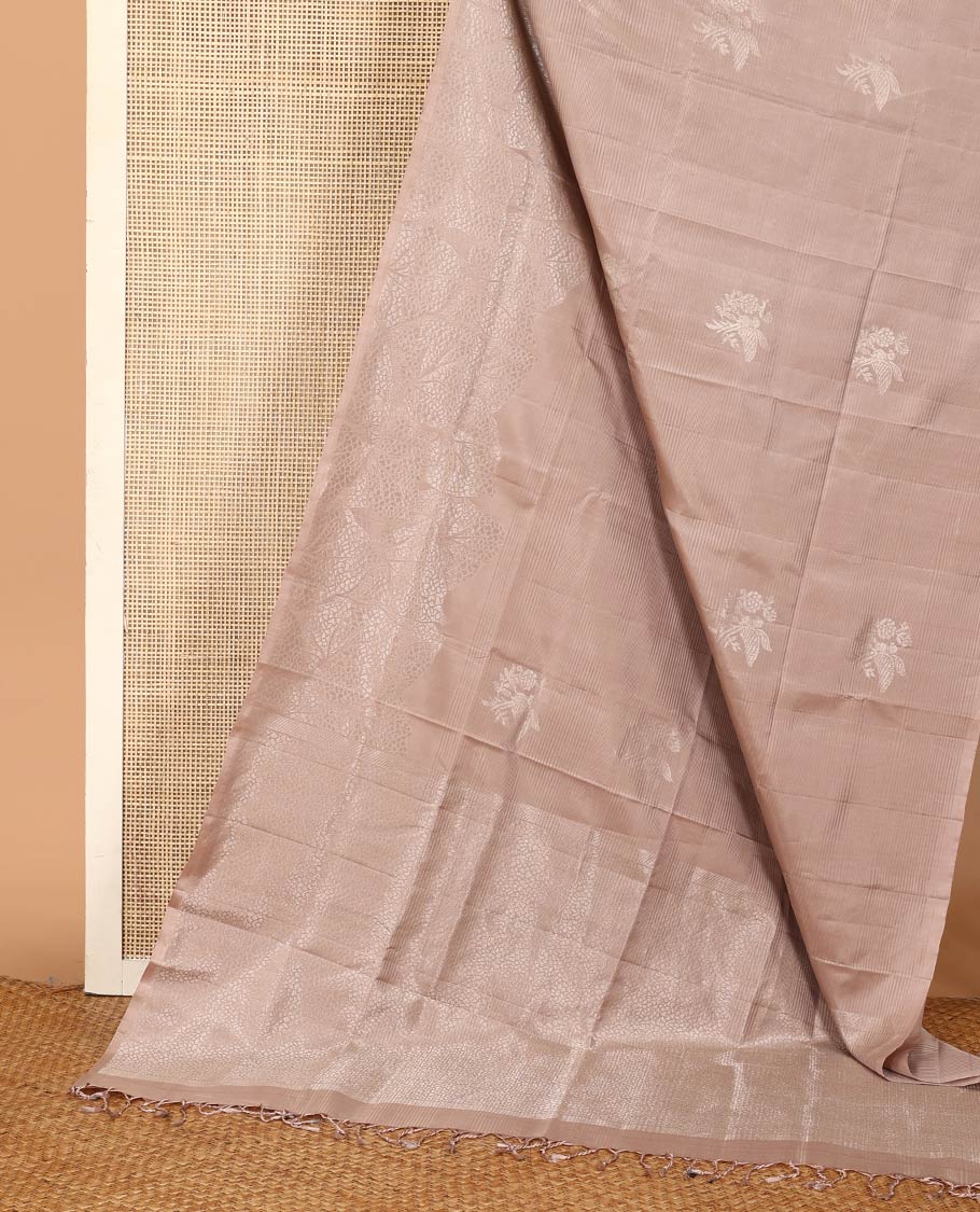 Light sandal striped and bird buttas woven soft silk saree, leaf textures sparsely zari woven border, and zari design pallu