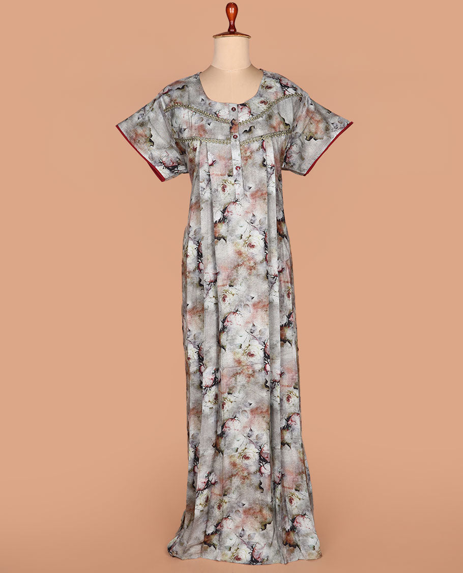 Grey abstract floral printed with round neck half-sleeve nighty
