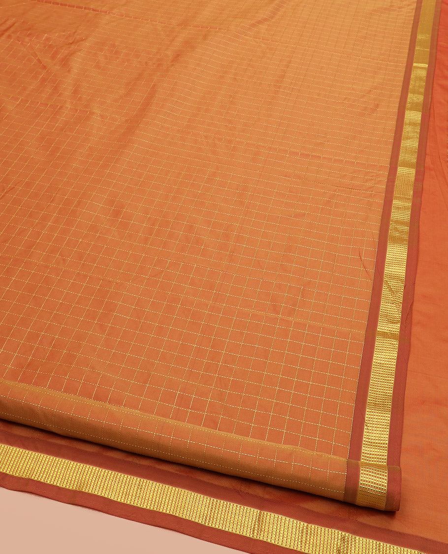 Orange Ten-Yard Art Silk Saree Bedecked with Micro-Checks, Subtly Sparkled with Traditional Zari Border, and Pallu of Zari Stripes