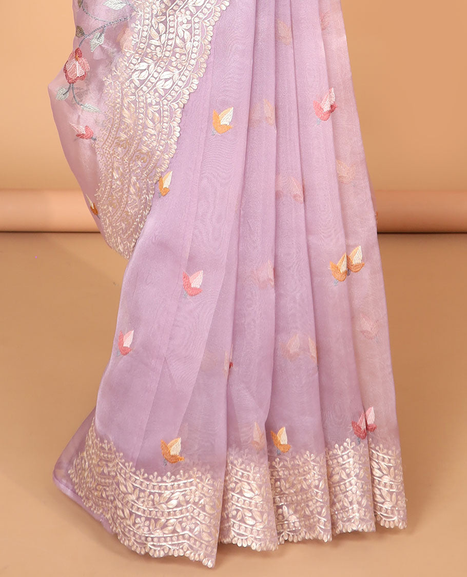 Lavender floral embroider organza saree with self floral embroidery, scallop border