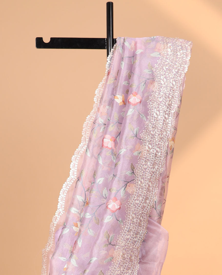 Lavender floral embroider organza saree with self floral embroidery, scallop border