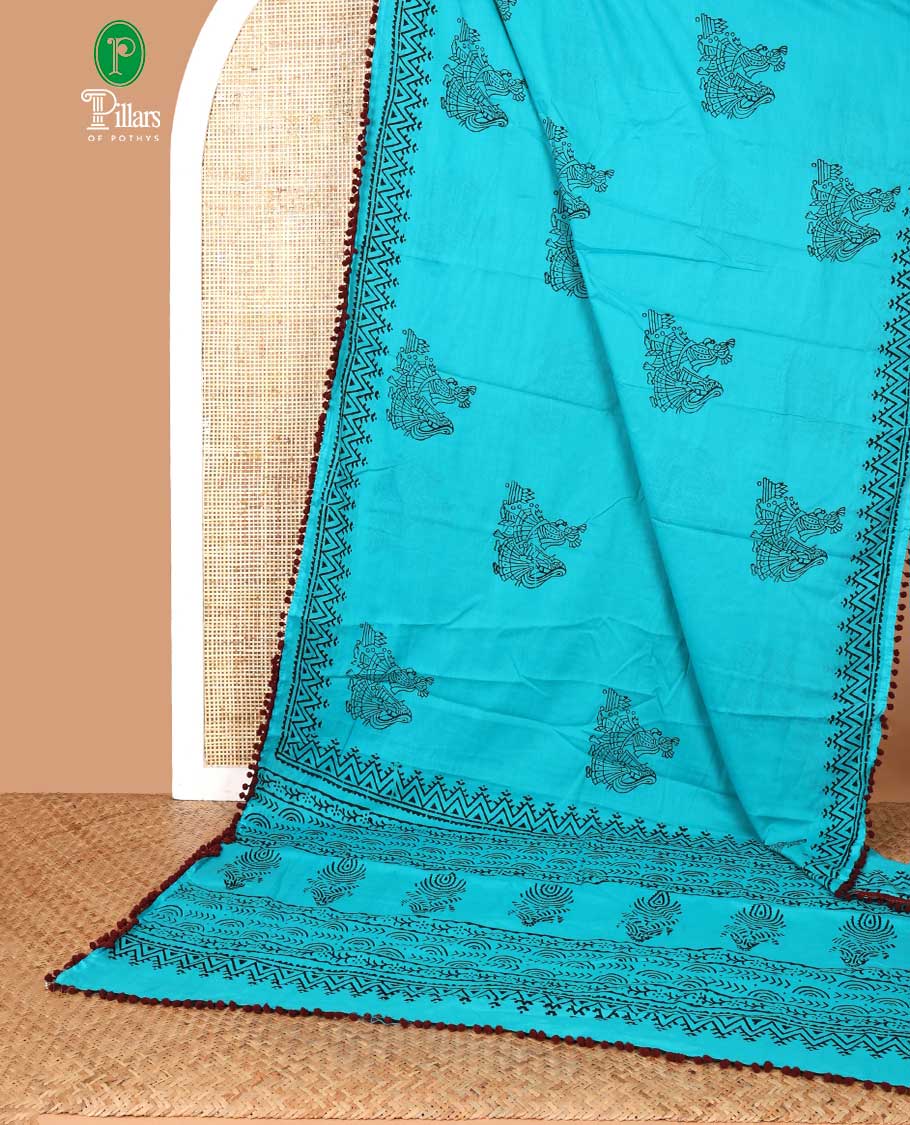 Blue block printed soft cotton saree with bom bom lace border & printed pallu along with plain blouse