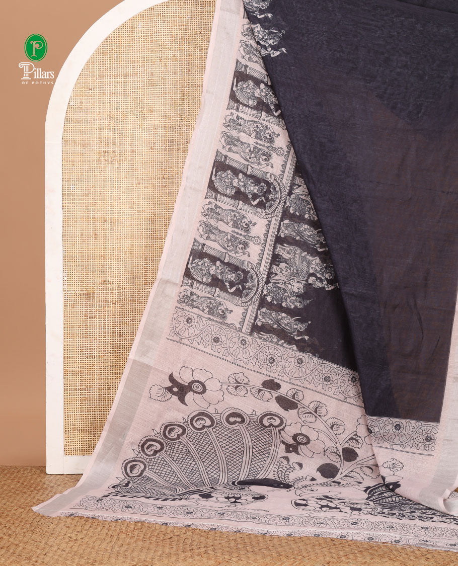 Black half-and-half kalamkari-style human figurines printed linen cotton saree, contrast bavanji border & peacock pallu