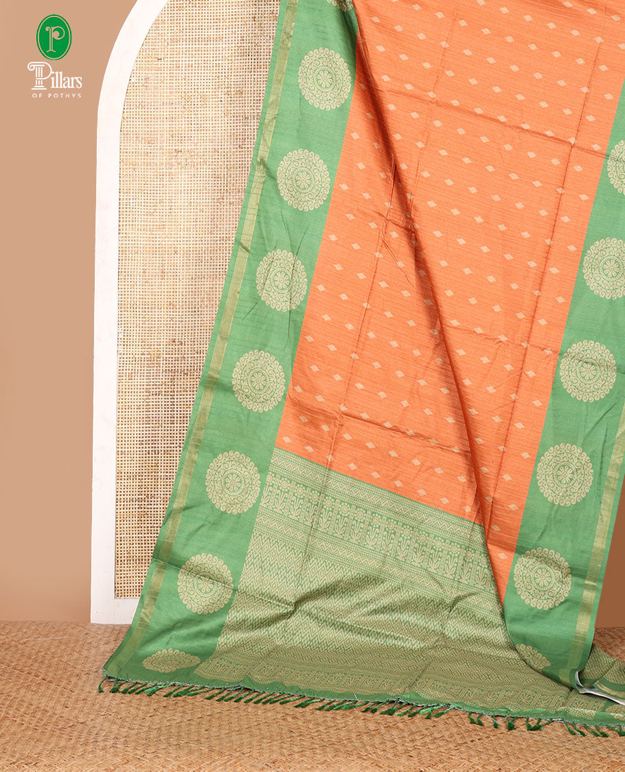 Orange stripes & thread buttas Kathan silk saree, contrast chakram motif border, jaal print pallu & contrast jaal print blouse