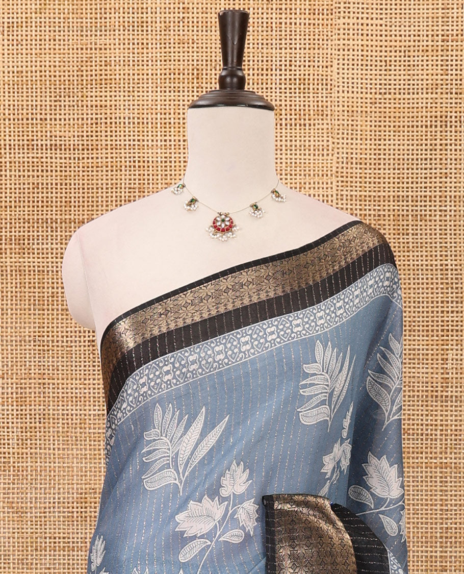 Blue zari striped & floral printed dola silk saree,contrast zari design border,floral-paisley print pallu, printed-zari-work blouse