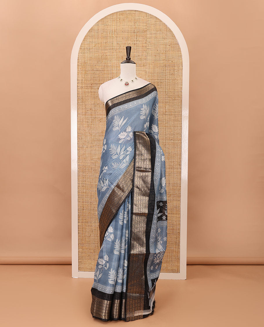 Blue zari striped & floral printed dola silk saree,contrast zari design border,floral-paisley print pallu, printed-zari-work blouse