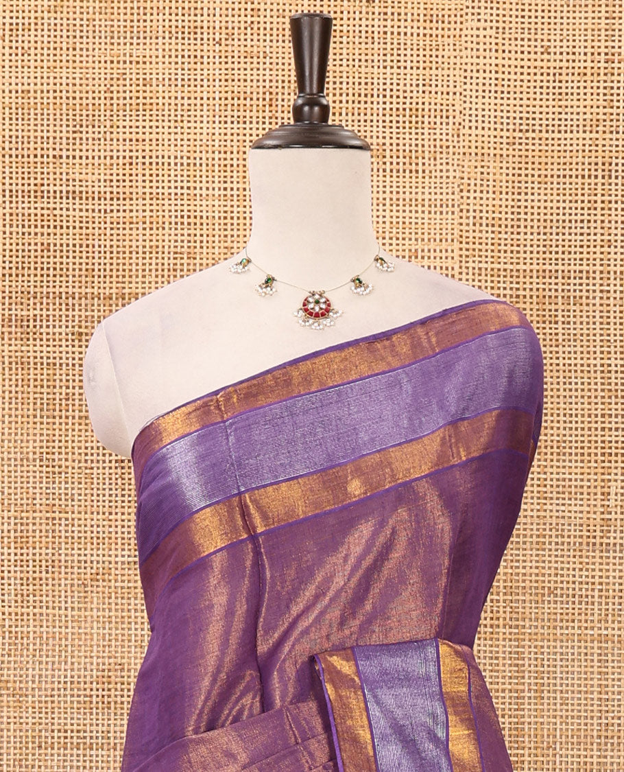 Purple gold zari tissue-style sungudi cotton saree, silver-lined border, silver-lined pallu & matching striped purple blouse