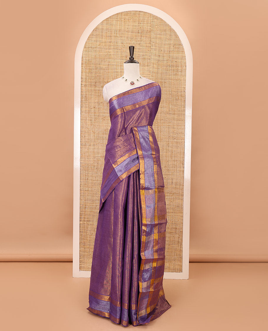 Purple gold zari tissue-style sungudi cotton saree, silver-lined border, silver-lined pallu & matching striped purple blouse