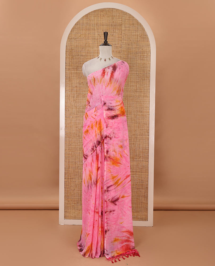 Borderless pink shibori-style printed & sequins work marble chiffon saree, self-pallu with tassels & contrast embroidered blouse