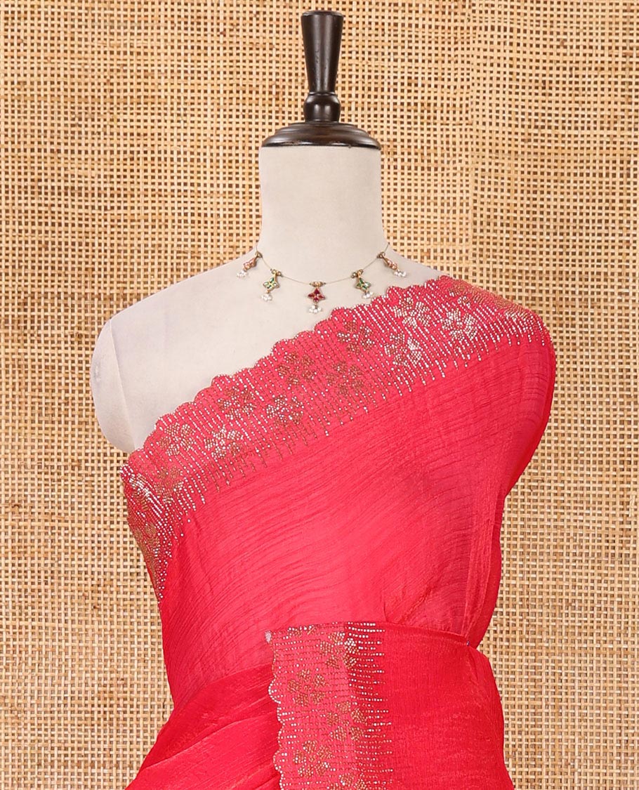 Rani pink full-plain Fendy satin saree, scallop floral micro-stone embroidered border, self-pallu & contrast stone work blouse