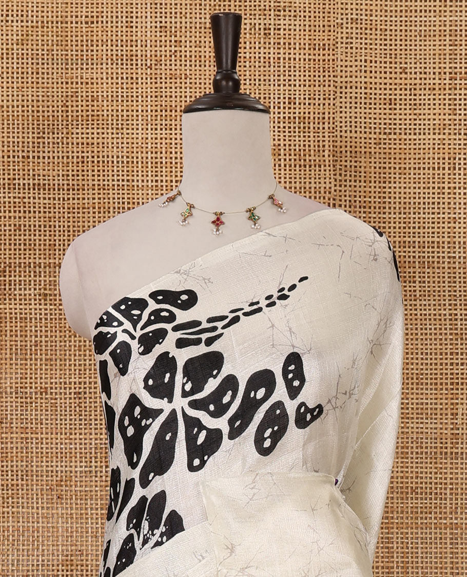 Borderless white-black batik-style floral big printed khadi cotton saree, purple batik printed blouse