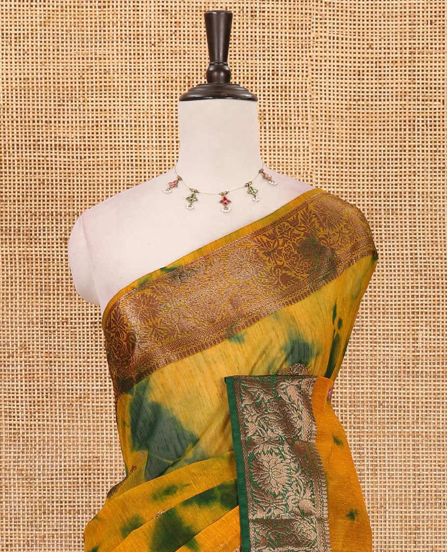 Yellow all over zari butta with shibori-style printed jute cotton saree, contrast zari border, zari line weaving pallu & contrast blouse
