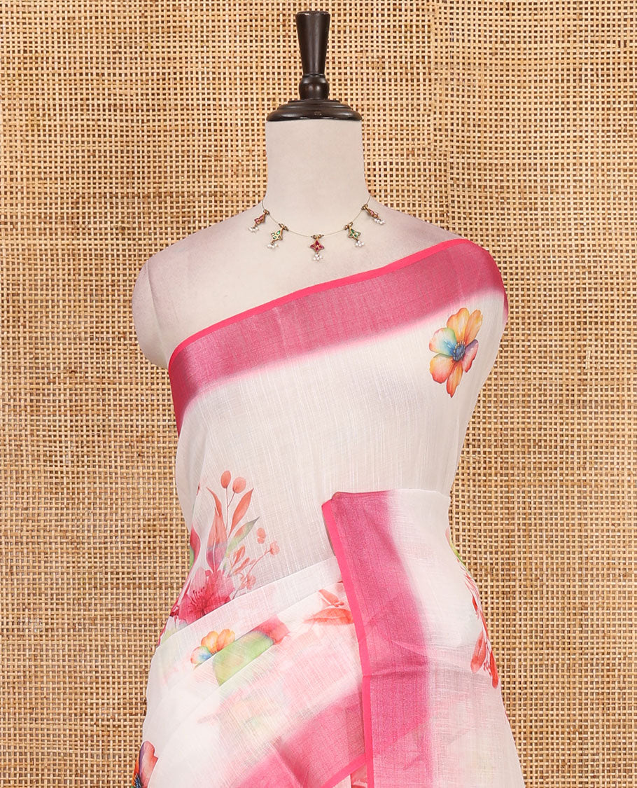 Cream-pink floral & sparrow printed linen saree, contrast zari border & floral motifs printed blouse