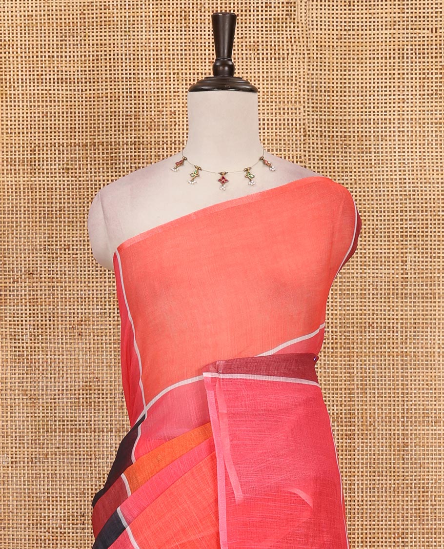 Borderless multi colour colorful big checked geometric theme printed linen saree, striped pallu and contrast plain blouse