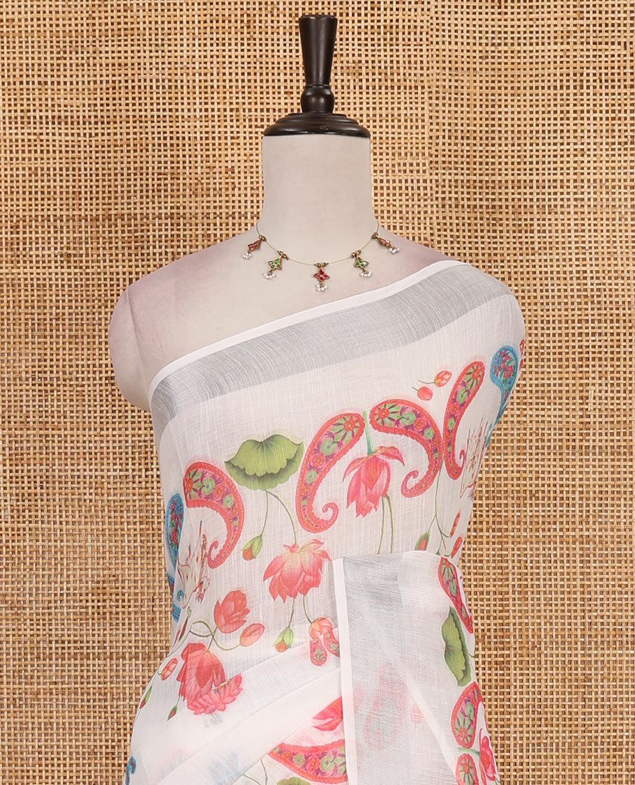 White Pichwai Lotus, cow, and paisleys printed linen cotton saree, silver zari border, striped pallu and plain blouse