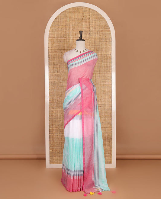 Multi-color striped khadi mul cotton saree, striped border, striped pallu with tassels and matching blouse