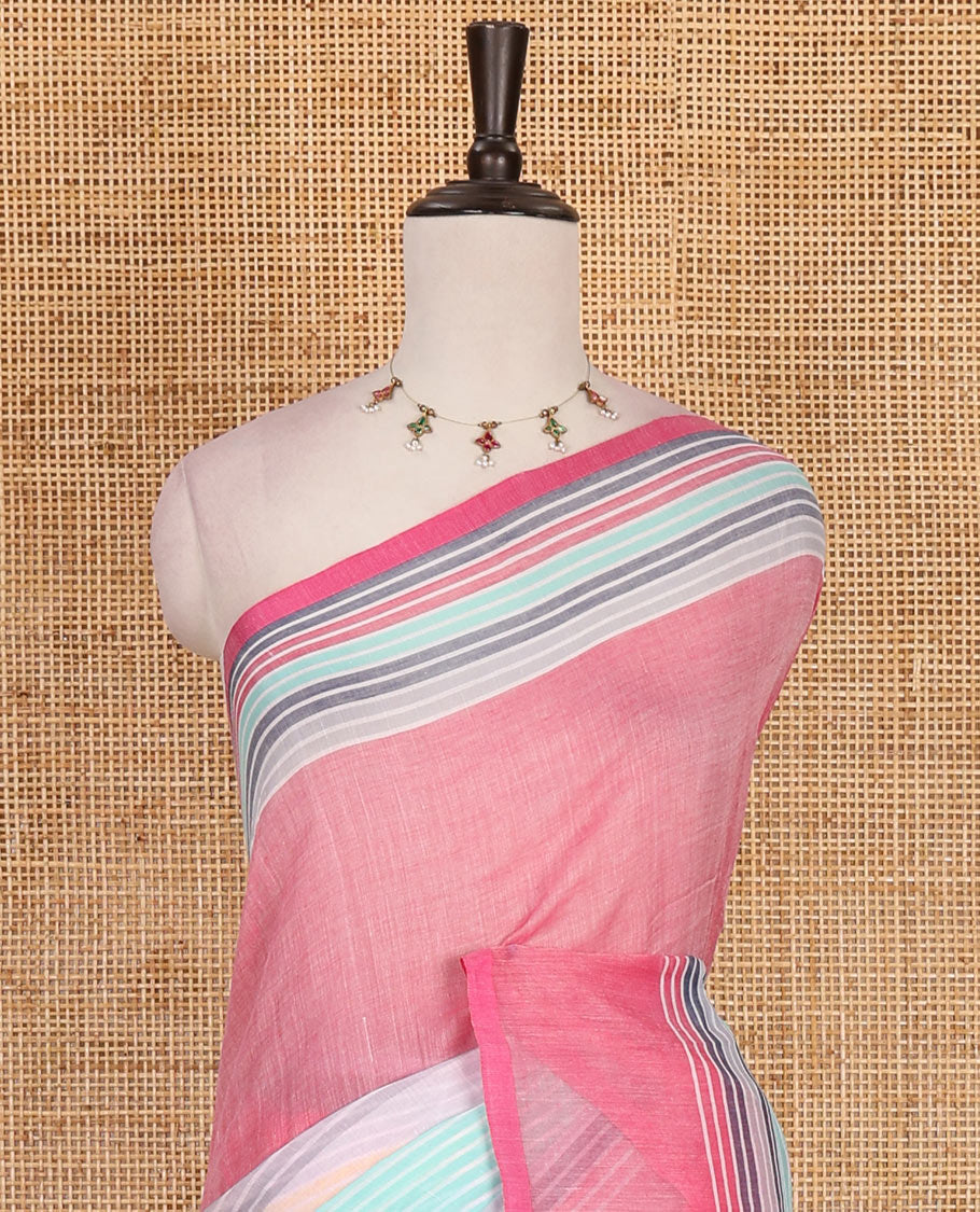 Multi-color striped khadi mul cotton saree, striped border, striped pallu with tassels and matching blouse
