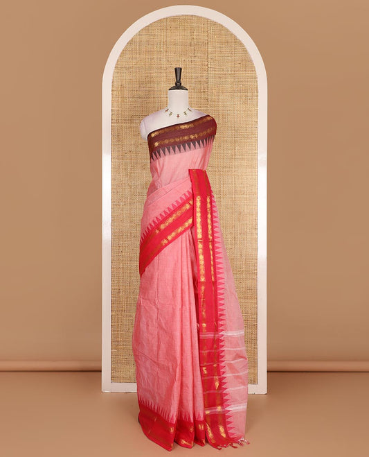 Candy pink plain Chettinad cotton saree, contrast zari rettai pettu temple border of rudraksham motifs, striped pallu and plain blouse