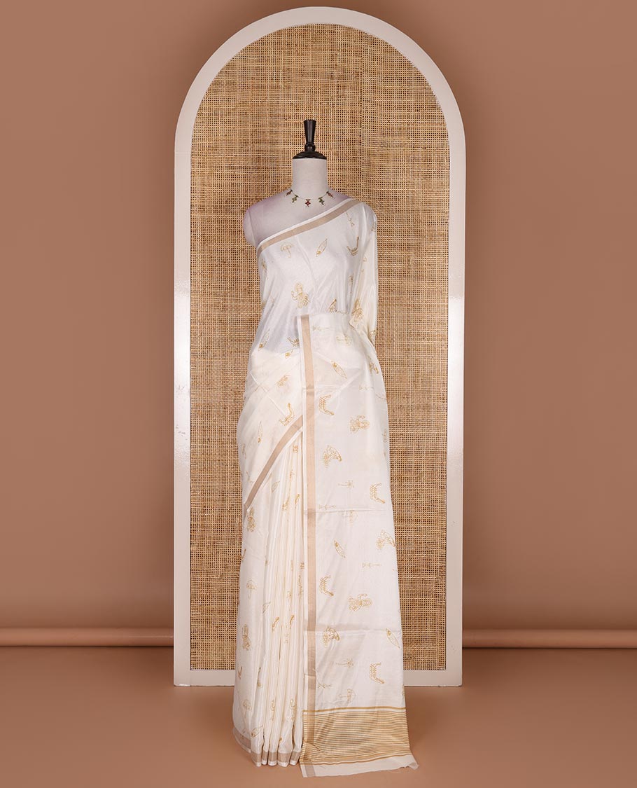 Half-white Kerala-culture theme printed Kerala cotton saree, zari border, pallu of stripes, and a matching blouse