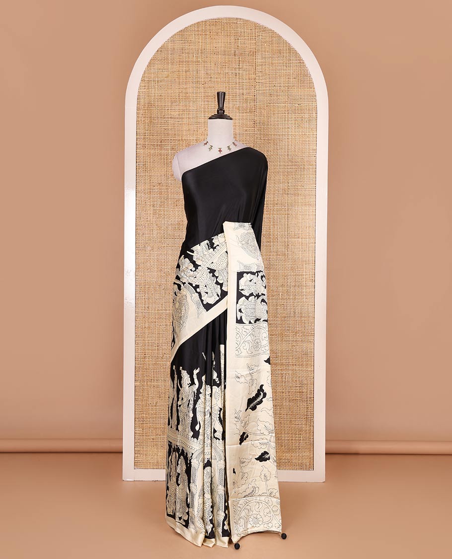 Borderless black and chikku colored kalamkari human figurines printed Gaji silk saree, kalamkari printed pallu and blouse