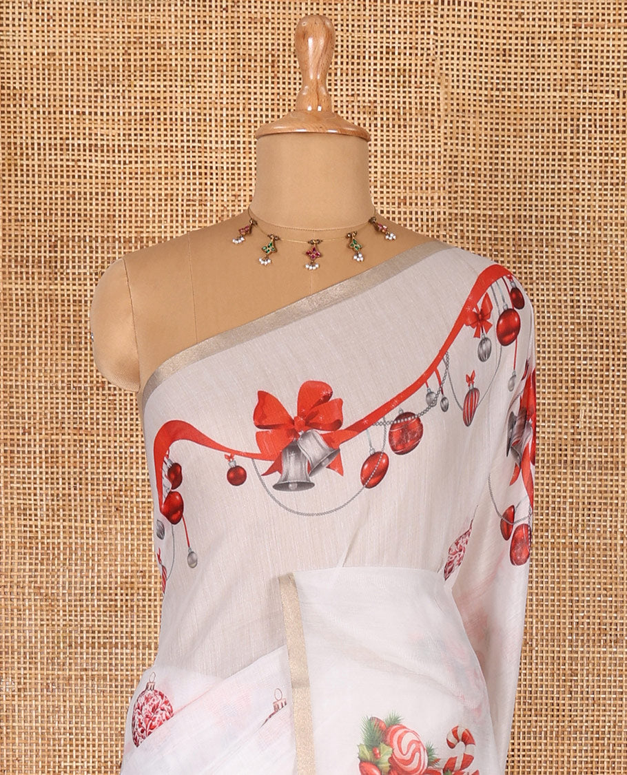 White Christmas ornaments digital printed Chanderi saree, piping border, Chirstmas theme printed pallu, and Christmas ornaments printed blouse