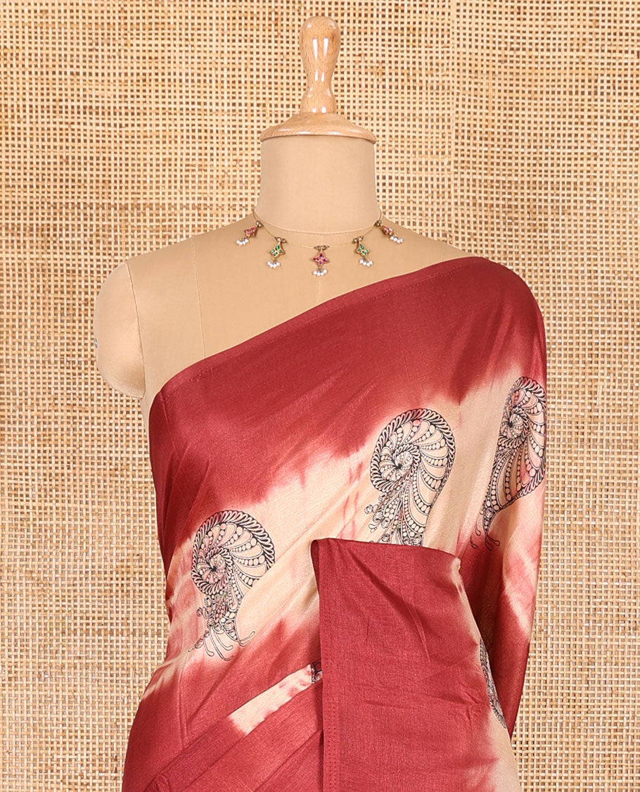 Borderless maroon shibori printed with shell motifs, blockprinted Manipur tussar saree, shibori printed pallu, and a plain matching blouse