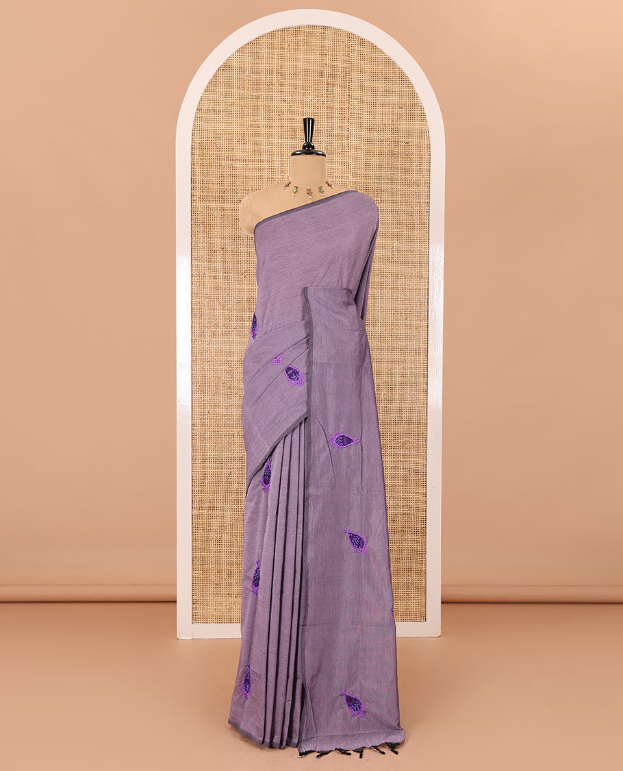Borderless light lavender thilakam motifs patch embroidered South cotton saree with a plain blouse and a contrast ogee patterns printed blouse