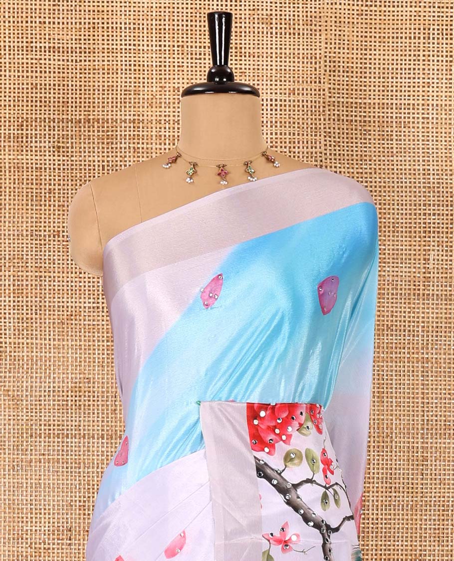 Light lavender peacocks, floral and leaf printed with mirror work masakali saree, plain border, peacock printed pallu, and a matching blouse