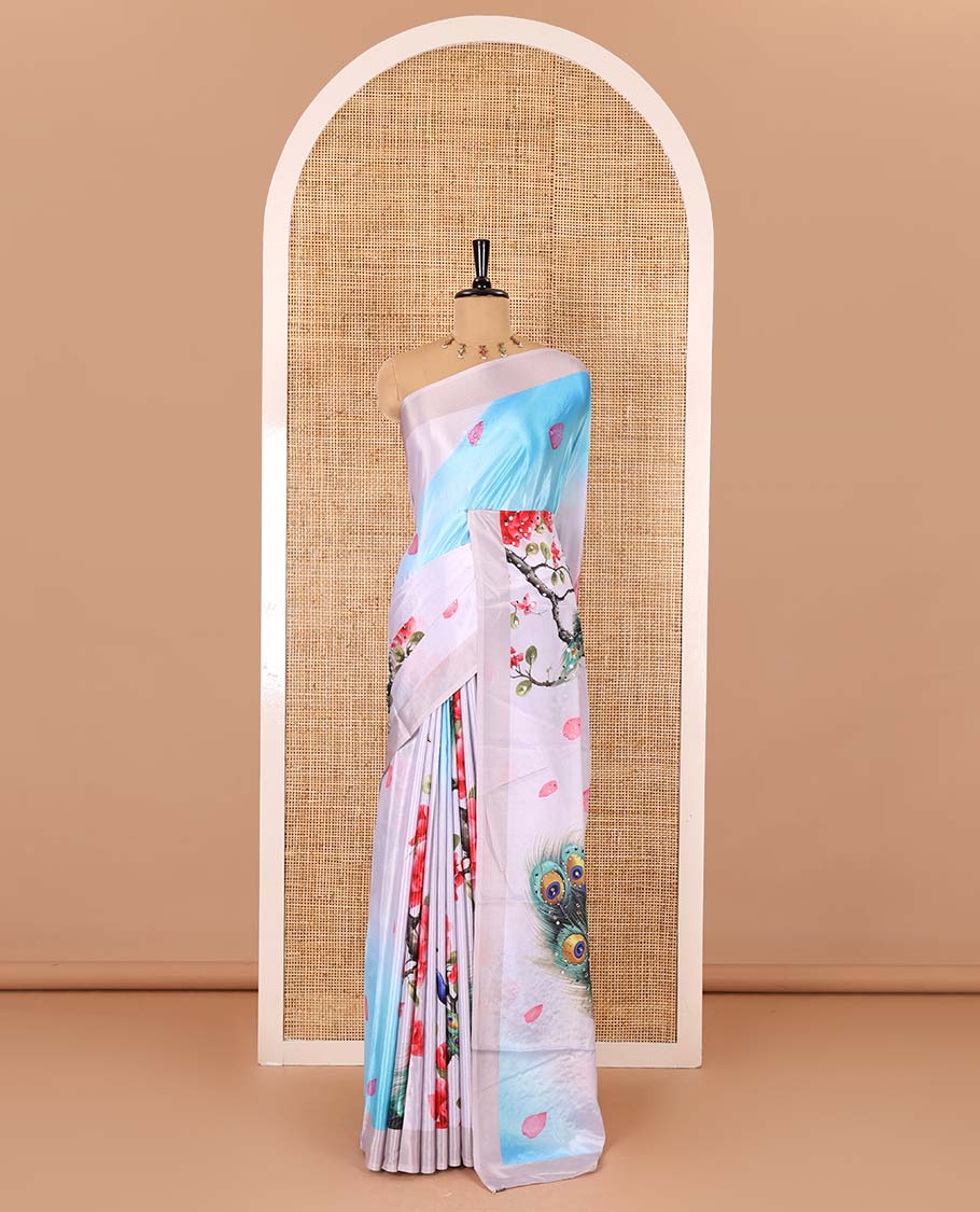 Light lavender peacocks, floral and leaf printed with mirror work masakali saree, plain border, peacock printed pallu, and a matching blouse