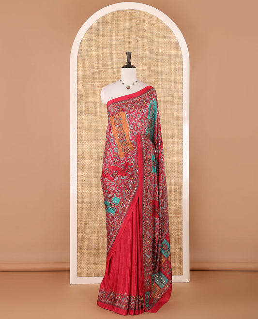 Multi-color geometric design masakali saree with printed, mirror work border & printed, mirror work pallu along with the plain blouse