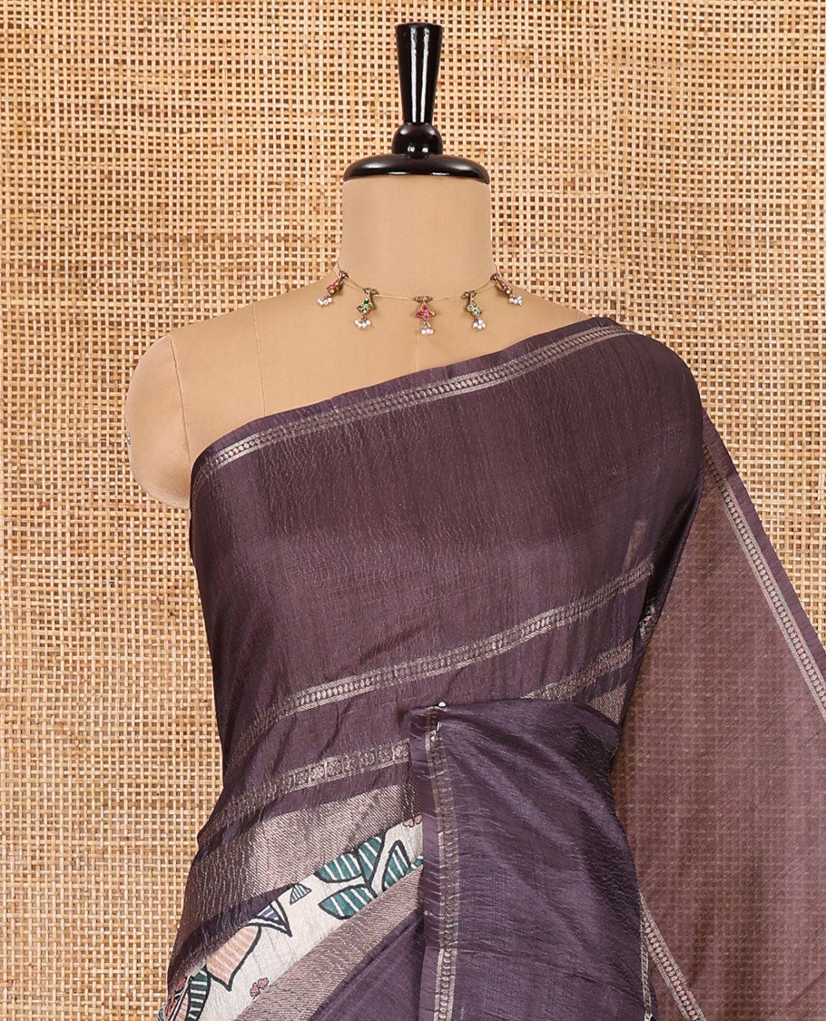 Brown Madhubani fish motifs printed moss crush saree, double-sided zari border, Madhubani village printed pallu, and a floral buttas printed blouse