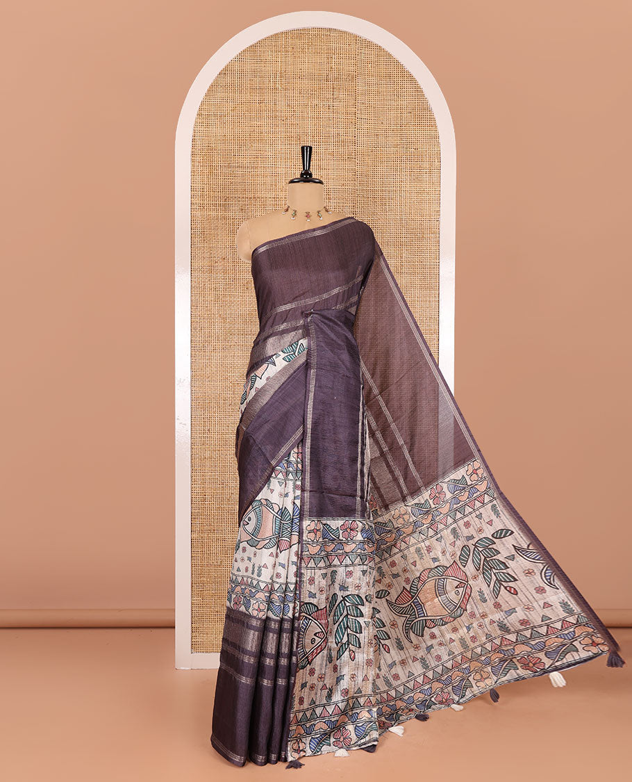 Brown Madhubani fish motifs printed moss crush saree, double-sided zari border, Madhubani village printed pallu, and a floral buttas printed blouse