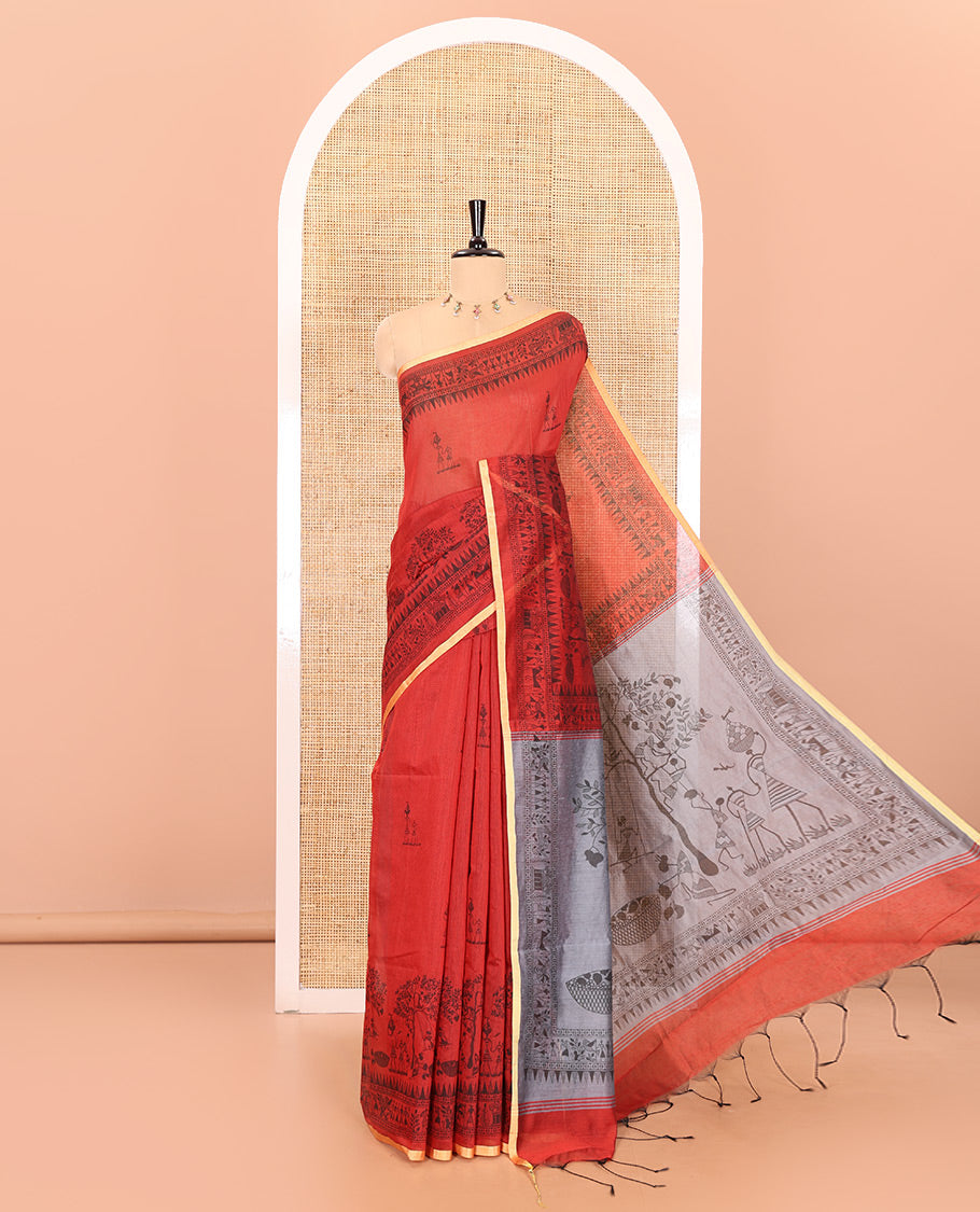 Red Warli-village printed khadi cotton saree, printed border, and contrast warli motifs printed pallu, and contrast plain blouse