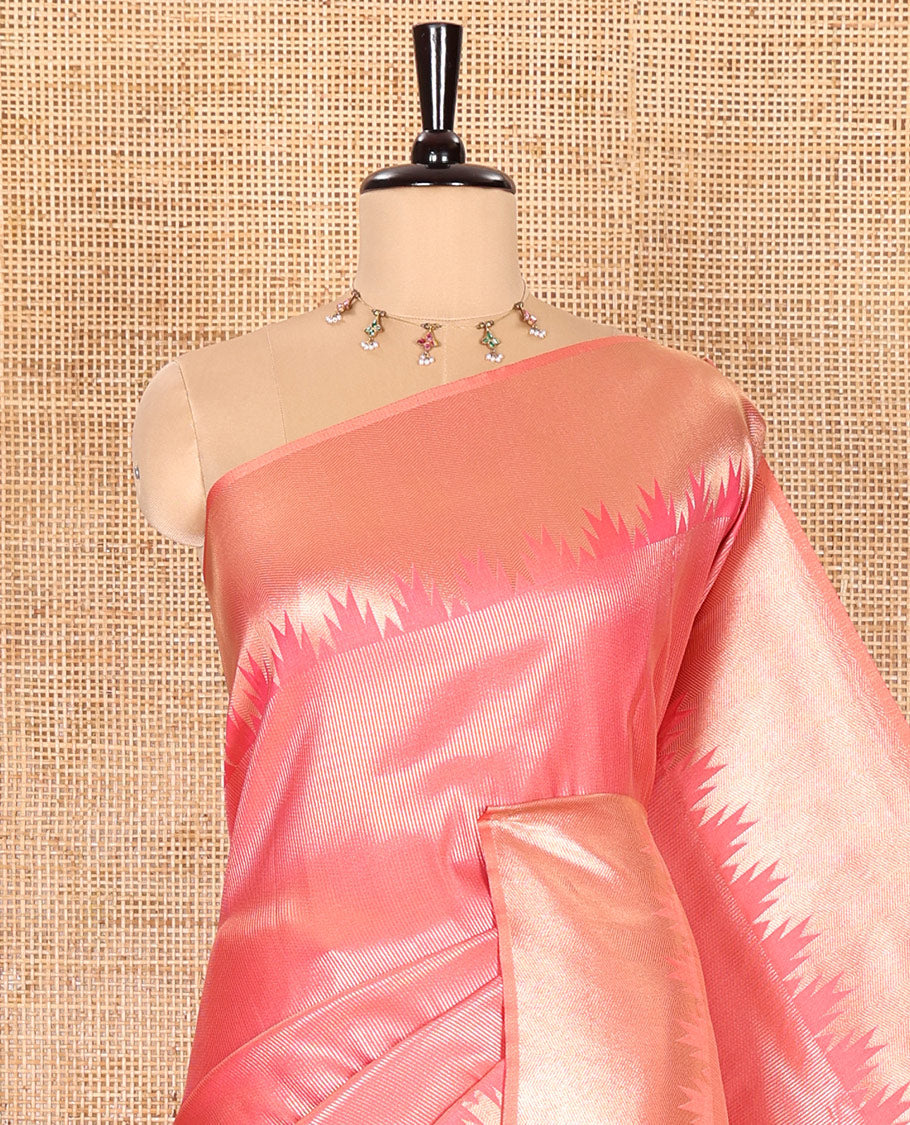 Onion Pink Elite Soft Silk Saree Gleamed Up with Vaira Oosi Stripes, Featuring a Temple Zari Border, Zari Elevated Pallu, and a Matching Zari Design Blouse